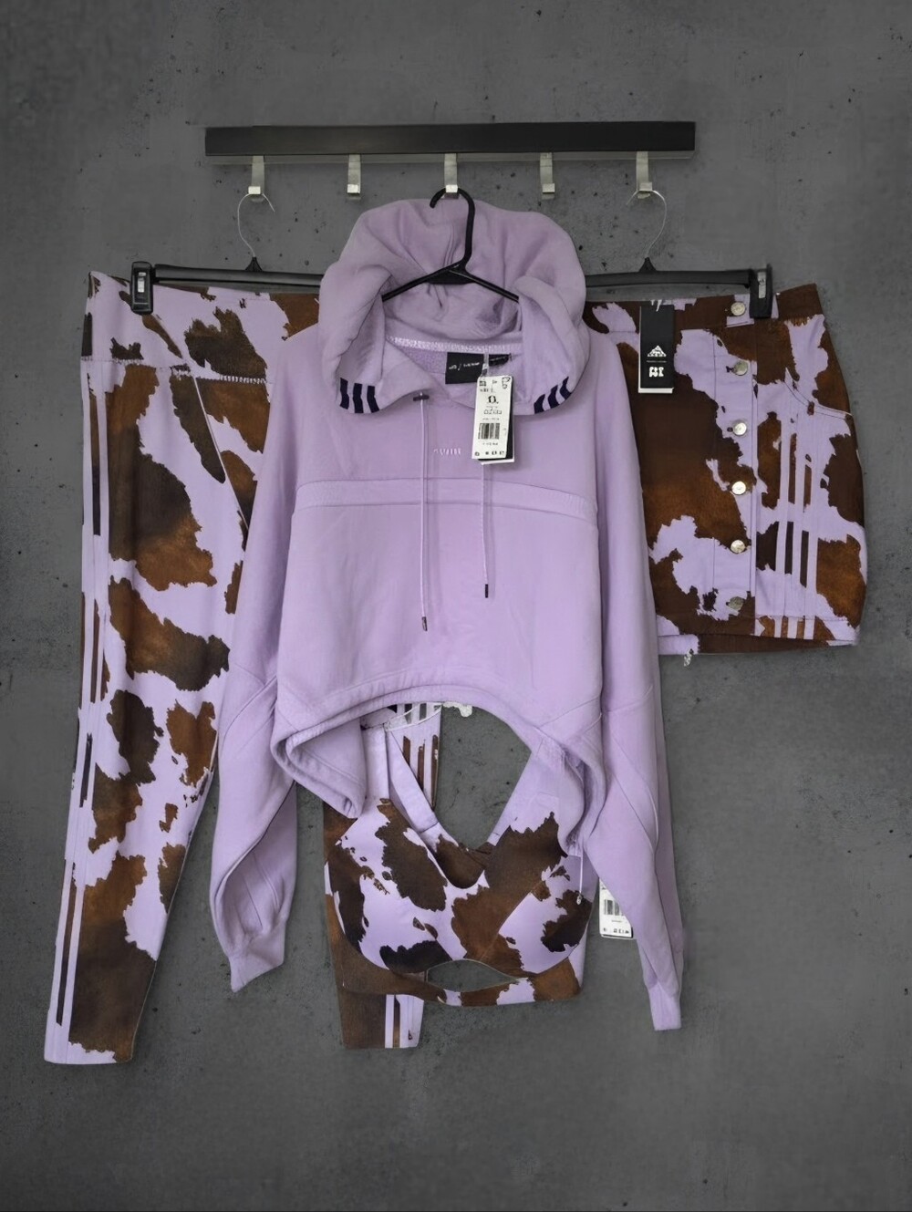 NWT Adidas x Ivy Park Cow Print/Purple Glow Leggings, Shrug, Skirt, & Bra | XL